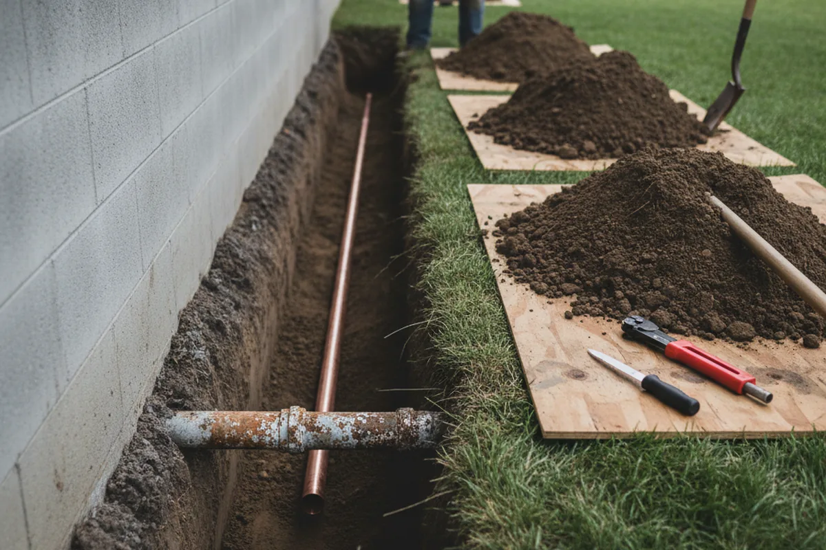 Excavated water line trench during Sewer Line Repair in Cave Creek